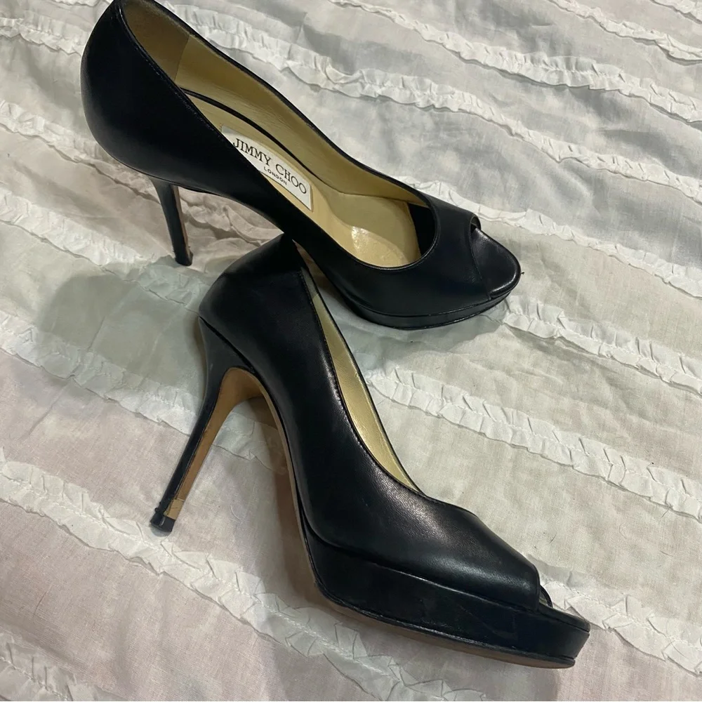 Jimmy Choo - Pump, Black Leather, Platform, Peep Toe, High Heel Women’s Size 35